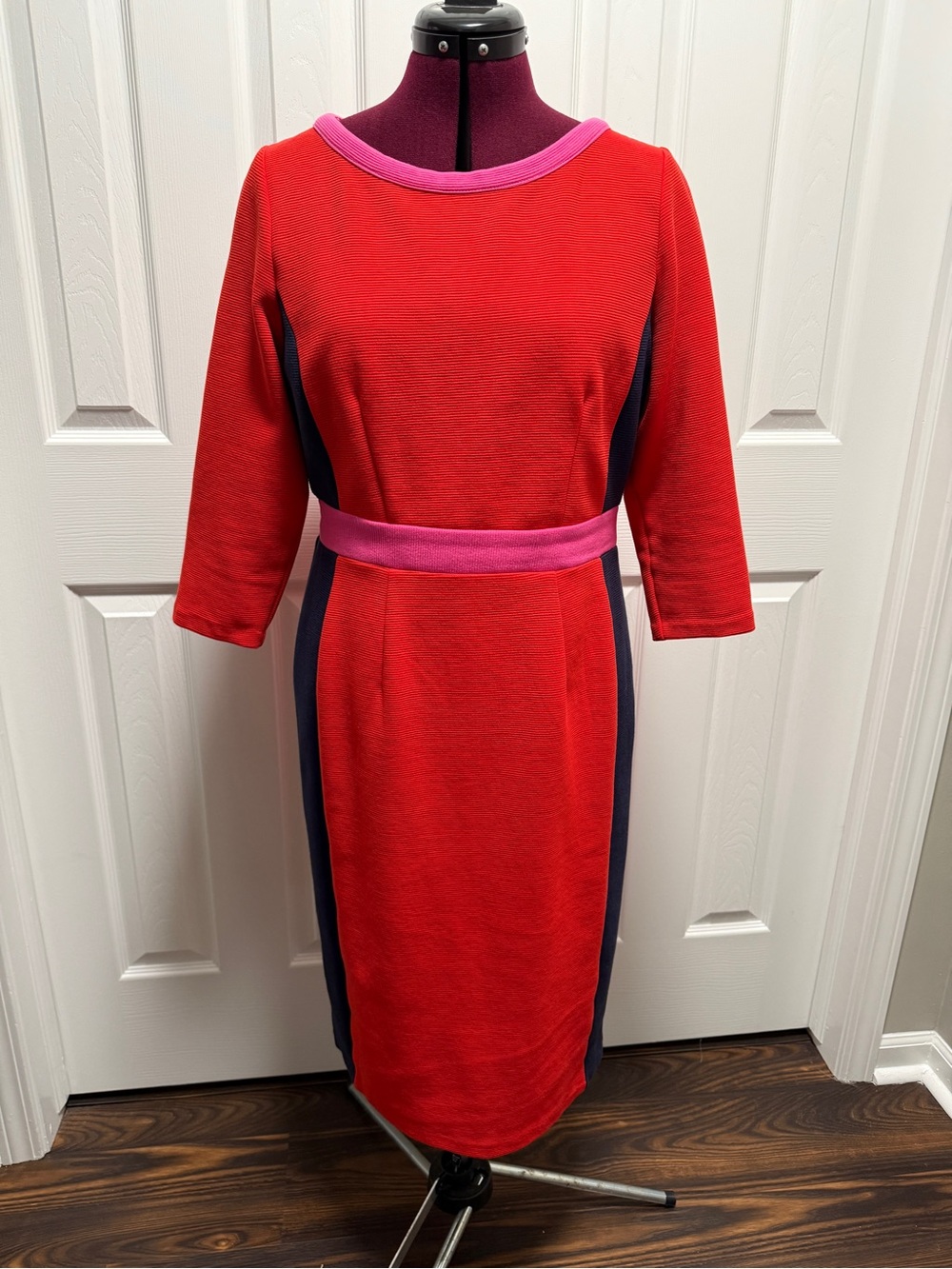Boden Red Midi Dress with Pink Trim and Navy Side Panels